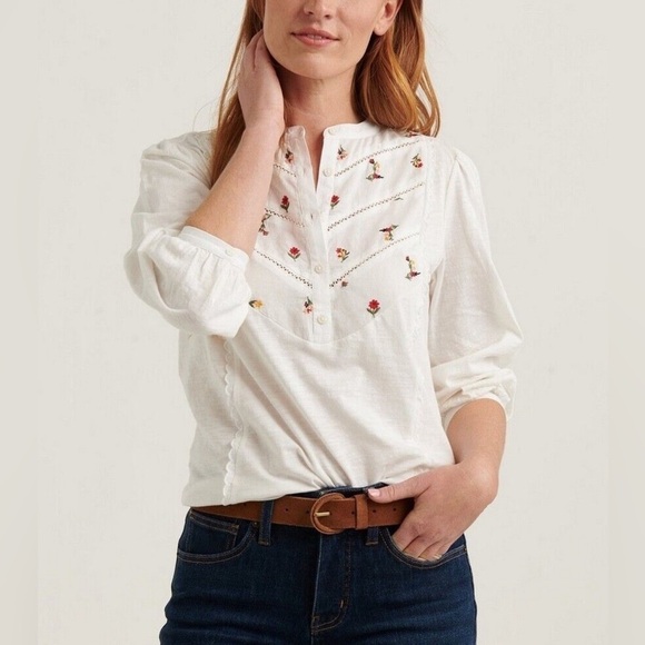 LUCKY BRAND Embroidered Floral White Henley Blouse Top size XS - Picture 1 of 7